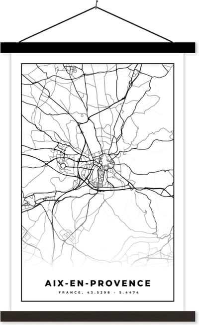 Posterhanger incl. Poster 40x60 cm - Schoolplaat - Stadskaart - Aix-en-Provence - Frankrijk - Kaart - Plattegrond - Zwart wit - Textielposter - Zwarte latten - Stadskaart