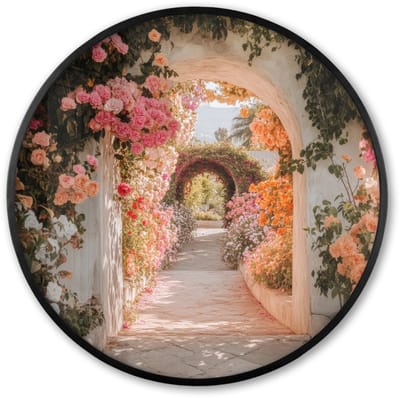 Poster in lijst Rond - Fotolijst 60x60 cm - Posters - Doorkijk - Boog - Bloemen - Pastel - Ronde posterlijst zwart - Decoratie - Wanddecoratie woonkamer - Muurdecoratie slaapkamer