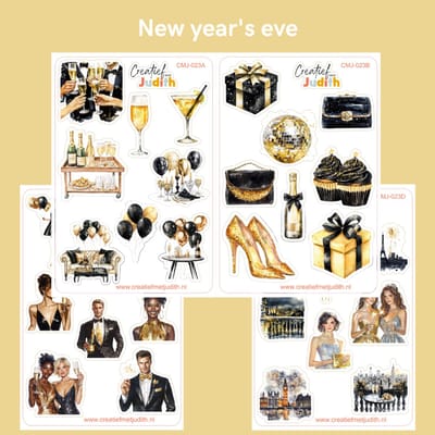 Bullet Journal Stickers - Planner Agenda Stickers - nieuw jaar stickers - 4 vellen - gold black - Scrapbook stickers - Deco stickers - Champagne vuurwerk - Stickers volwassenen en kinderen