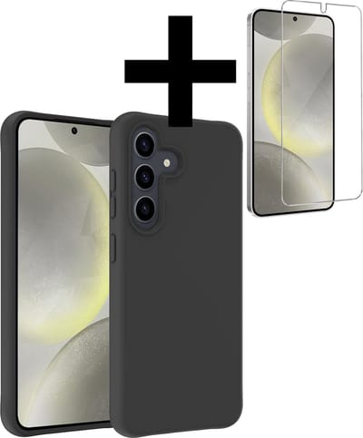 Hoesje - Met Screenprotector - Geschikt voor Samsung Galaxy S24 - Sterk & Shockproof - Back Cover - Siliconen Case - Telefoon Hoes - Telefoonhoesjes - Zwart