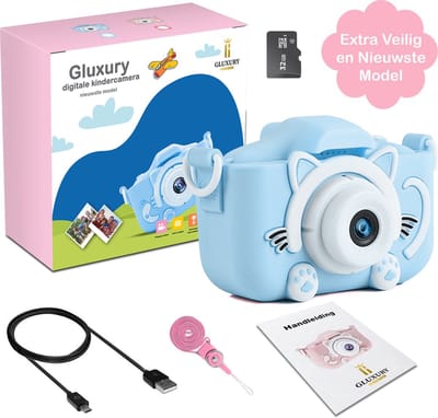 Gluxury Digitale Kindercamera Nieuwste Model HD 1080P 32 GB Inclusief Micro USB Kaart + SD Kaart – Nederlands - Fototoestel Voor Kinderen – Extra veilig - Vlog Camera – Nederlandstalig – USB Oplaadbaar – Blauw – Digitaal Kinderfototoestel