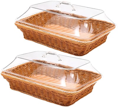2 stuks imitatie rotan broodmanden, rieten broodmanden met acryl deksels, geweven broodmand met stofdichte hoes, fruitlade, rotan voedseldienblad voor keukens, eettafels, restaurants