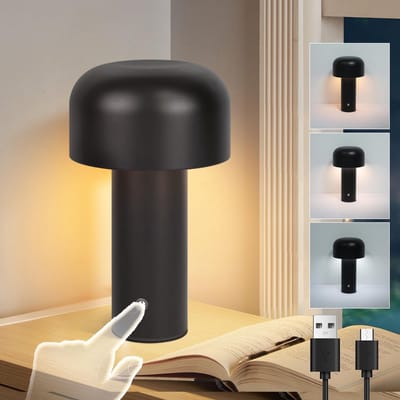Glitzerlife - Tafellamp Bedlampje Nachtlampje - Draadloos Oplaadbaar - LED Paddenstoel Tafellamp - 3 Kleurtemperaturen Dimbaar Geheugenfunctie USB-C Snelladen Oogbeschermend - IJzeren - Ø12.5cm - Zwart