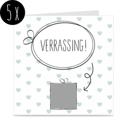 5x Kraskaart | VERRASSING | kaart met krassticker | voor zwanger / trouwen / gender reveal / cadeau