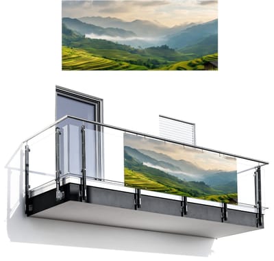 Balkonscherm 200x90 cm - Balkonposter Rijstvelden - Bergen - Groen - Natuur - Balkon scherm decoratie - Balkonschermen - Balkondoek zonnescherm