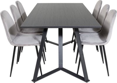 MarinaBLBL eethoek eetkamertafel zwart en 6 Polar eetkamerstal velours grijs.