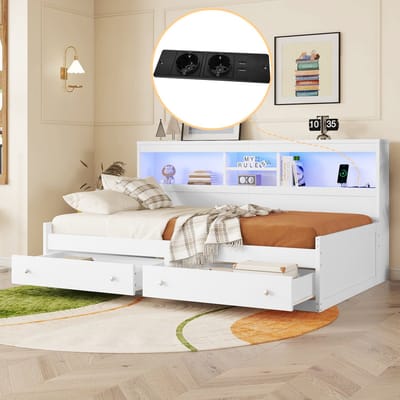 MODENUIT Slaapbankbed 90x200 cm – Met led-verlichting, 2 usb-poorten en 2 stopcontacten – 2 lades – Zonder matras – Wit