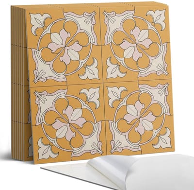 Coloray Plaktegels - Bloemenpatroon in mozaïek Portugese Tegels - 30 cm x 30 cm - Oranje Plaktegels - 9 stuks - Vierkant PVC Tegels - Plaktegels Keuken - Zelfklevende Vloertegels - Vinyltegels Vloer Zelfklevend - Zelfklevende Tegels