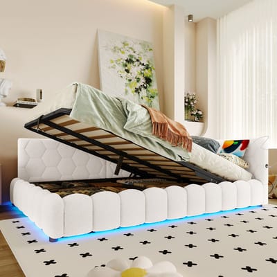DESMIU Dagbed 140 x 200 cm - Led Licht en Hydraulisch Hefmechanisme - Opbergruimte Onder Bed - Voor Slaapkamer - Fluweel - Wit - Zonder Matras
