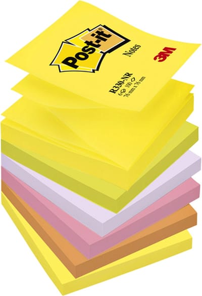 Post-it® Z-Notes, Navullingen, Geel (2), Groen (1), Paars (1), Roze (1), Oranje (1), 76 x 76 mm, 6 Blokken, Individueel Verpakt, 100 Blaadjes/Blok
