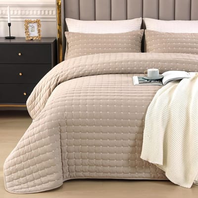 Sprei 240 x 260 cm, kaki, 100% katoen, ultrazachte sprei met borduurwerk, bedsprei, 2 kussenslopen