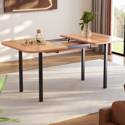 Klassieke uitschuifbare eettafel in houtkleur, 120 cm breed, telescopische lengte tot 160 cm, natuurlijke houtafwerking, moderne minimalistische stijl, stevig aluminium onderstel, geschikt voor 4-6 personen
