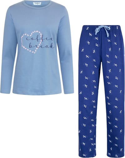 Gaubert Essential Dames Pyjama Lange Mouw - Broek met Zakken - Premium Gekamd Katoen - Coffee Break - Baby Blauw - Maat S - GB-2804