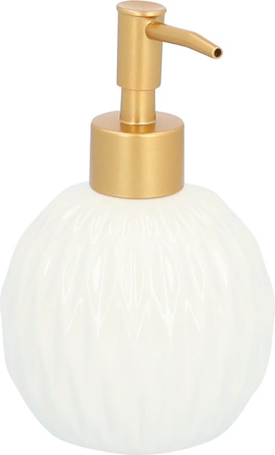 QUVIO Zeepdispenser - Rond - Zeeppompje - Zeepdispensers - Zeephouder - Staand - Douchegeldispenser - Desinfecteerpompje - Keramiek - Met metalen pompje - Wit met goud - 400 ml