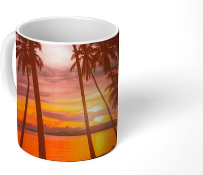 Mok - Koffiemok - Zee - Palmboom - Zonsondergang - Strand - Silhouette - Mokken - 350 ML - Beker - Koffiemokken - Theemok