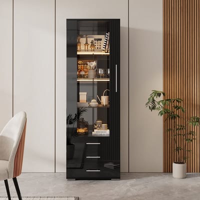 Pugsdrly Hoogglans zwarte vitrinekast, vitrinekast van glas, vitrinekast op sokkel met LED-verlichting, verticale vitrinekast met 3 laden, 60*35*180 cm