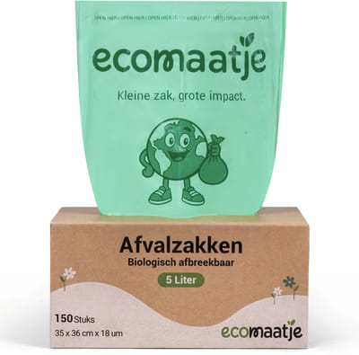 Ecomaatje Biozakjes 5 Liter – GFT Zakjes – 150 Stuks – Composteerbaar – 18 Micron Extra Sterk – Afvalzakken