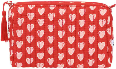 Make-up Tasje Rood met Witte Hartjes | 10x15x24 cm | Met Vrolijk Rood Kwastje | Etui | Toilettas