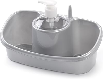 Sponsbakje met zeeppompje/dispenser zilver - 26 cm - Zeeppompjes/zeepdispensers - Badkamer, toilet en keuken