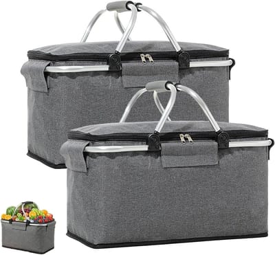 Opvouwbare boodschappenmand als picknickmand, draagbare koelbox met gevoerde handgrepen, ideaal voor winkelen en reizen, 18 liter, set van 2, grijs