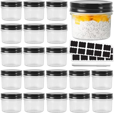 20 Stuks 100ml Glazen Inmaakpotjes met Zwarte Deksel - Ideaal voor Jam, Fruit, Jelly en Huisgemaakte Desserts