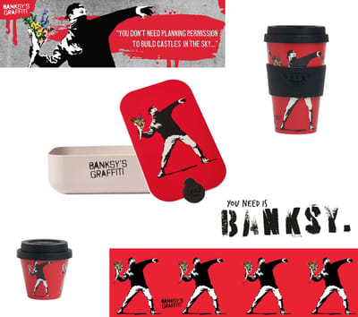 Quy Cup Banksy Edition "The Flower Thrower" Pakket 3 Essentials Inbegrepen (Lunchbox 900ml, Reismok 400ml & Espressokopje 90ml)