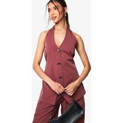 boohoo Dames Halternek Lang gesneden Getailleerd Vest | Mahonie | Maat: 40