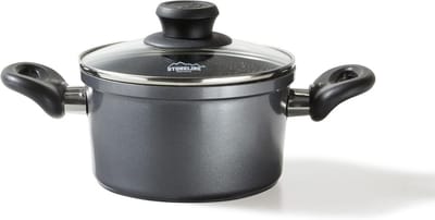 Steelpan 18 cm met glazen deksel - Antiaanbaklaag met steendeeltjes, geschikt voor inductie