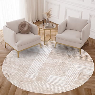 Tapiso Crystal Rond Vloerkleed Beige Wit Lijnen Laagpolig Woonkamer Tapijt Maat- 80x80
