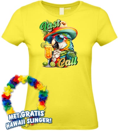 Dames t-shirt Last Call | Toppers in Concert 2024 | Club Tropicana | Hawaii Shirt | Ibiza Kleding | Lichtgeel Dames | maat XS