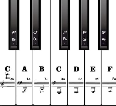 Piano Toetsen Stickers - Pianonoten Letters - Muziek Leren - Verwijderbaar Zonder Resten - Voor 88 Toetsen - Transparant