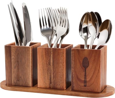 Famanu - Keukengerei Houder Hout 3 Vakken, 33x11,5 cm met dienblad en afvoergat, bestekbak organizer voor eetstokjes, lepels en spatels