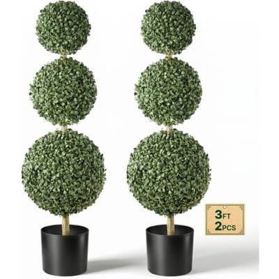 VEVOR Kunstplant 2 stuks. Kunstmatige buxus met PP-pot 914 mm, decoratieve plant voor woonkamer, balkon, kantoor, veranda of tuin, UV-bestendig, kunstboom gemaakt van PE, drievoudige bolvorm, voor binnen en buiten.