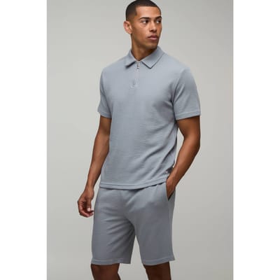 Slim Fit Waffle Zip Neck Polo & Shorts Set | Charcoal | Size XL