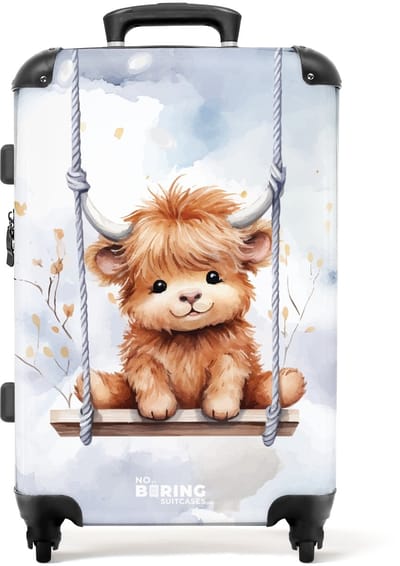 NoBoringSuitcases.com® - Kinderkoffer - Kindertrolley jongen en meisje - Schotse hooglander op een schommel - Koffer kind groot - Rolkoffer lichtgewicht - Reiskoffer met 4 wielen - Grote trolley XL - 20 kg bagage