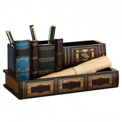 Decopatent - Vintage Houten Pennenbak - Pennenhouder - Desk - Bureau organizer met 4 vakken - Hout - Pennenbakjes -Vintage Boeken Design - Afm: 24x12x11.5 Cm.