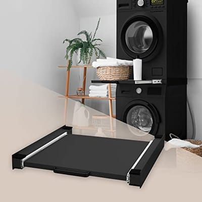 Universeel Tussenframe voor Wasmachine en Droger met Uitschuifbare Plaat - 60x60 cm - Zwart Verbindingsframe en Opbergruimte