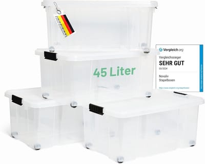 Novaliv 4x opbergdozen met deksel, groot 45L, transparant, nestbaar, stapelbaar met clipsluiting, rolboxen, kunststof, BPA-vrij, 61x40x26 cm