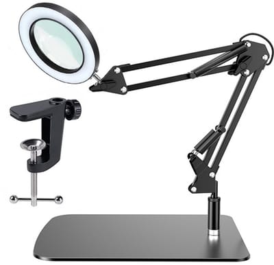 Oneay LED vergrootlamp met klem en voetstuk – 5 dioptrie, dimbaar met 3 lichtstanden – Flexibele arm voor precisiewerk en hobby's