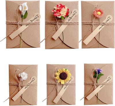 Set van 6 wenskaarten met retro enveloppen, kraftpapier, gedroogde bloemen en 3D-design, 2 formaten beschikbaar