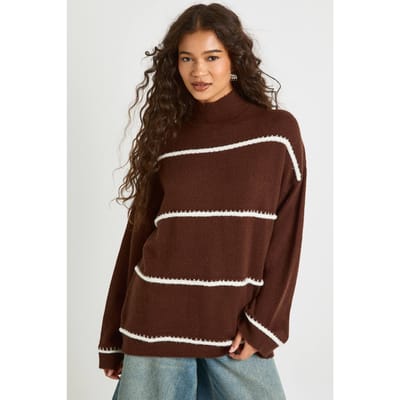 boohoo Dames Trui met hoge kraag en naaddetails | Chocolate | Maat: Small