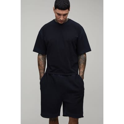 Lang Oversized Gekrompen Spray Naad Wassing T-shirt & Shorts Set | Black | Size Small