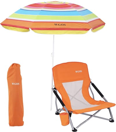 Strandstoel met paraplu - Opvouwbare stoel - Buiten relaxen - Inclusief zonbescherming - 50x53x58 cm - Helder oranje