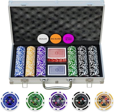 Thijox - Pokerset 300-delig met Laser Pokerchips, 12g Cijferchips, Aluminium Koffer, Speelkaarten, Blind Buttons en Dobbelstenen voor Feest en Avonden