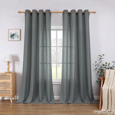 Dailygoods- Linnengordijn met oogjes - Set van 2 - H 225 x B 140 cm - Grijs/blauw - Semi-transparant - Vitrage - Linnenlook - Duurzaam