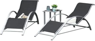 3-delige Tuinset - 2 Tuinstoelen & 1 Bijzettafel- Ligbed - Ligstoel - Tuinstoel - Strandstoel - Campingligstoel - tot 120 kg - Zonnebed - Relaxstoel voor Tuin, Terras, Zwembad & Balkon - Zwart + Zilver