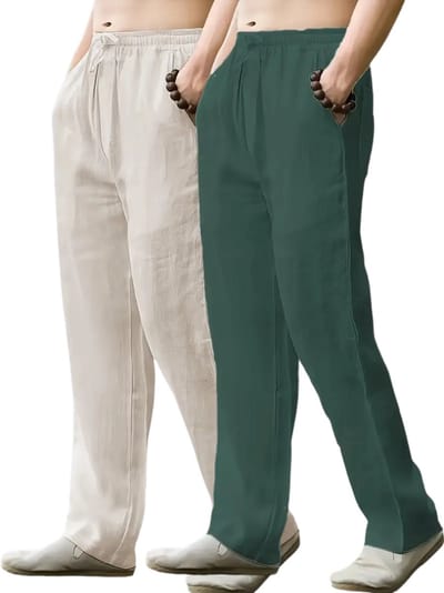 Livano Linnen Broek Heren - Zomerbroek - Volwassenen - Lange Broek - Pantalon - Strandbroek - Zomer - Ibiza Stijl - 2 Stuks Beige & Donkergroen - Maat S