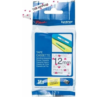 Etiketten Brother TZe, TZ TZe-MPPH31 Tapekleur: Wit (met roze harten) Tekstkleur:Zwart 12 mm 4 m