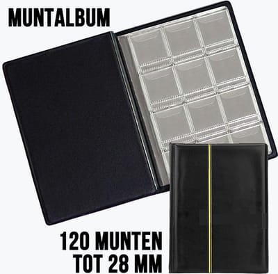 Allernieuwste.nl® Muntenalbum voor 120 Munten met Bescherm-rand tegen Uitvallen - Beginset Muntalbum - kleur album Zwart