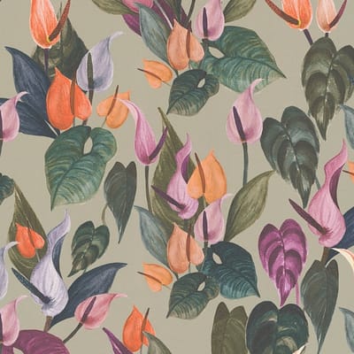 Bloemen behang Profhome 782102-GU vliesbehang hardvinyl warmdruk in reliëf glad met bloemmotief mat grijs groenbruin paars oranjerood 5,33 m2